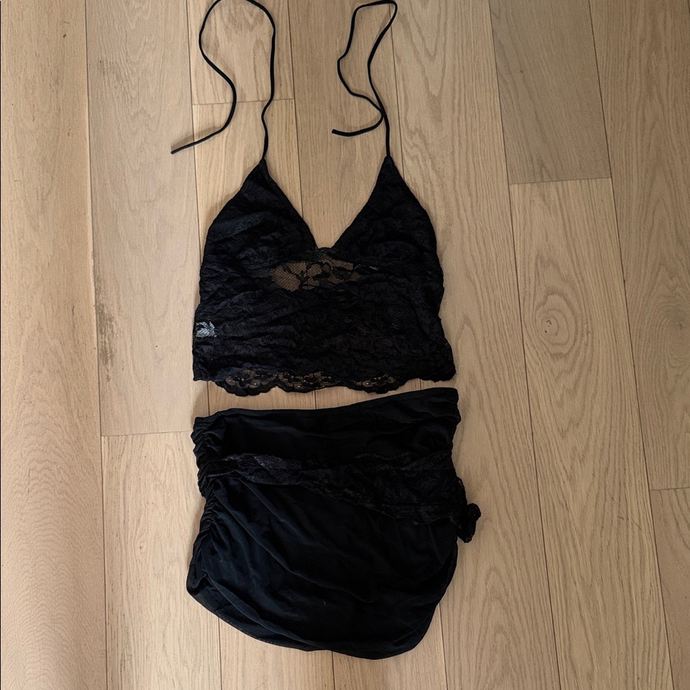 Chic Black Lace Bralette and Skirt Set